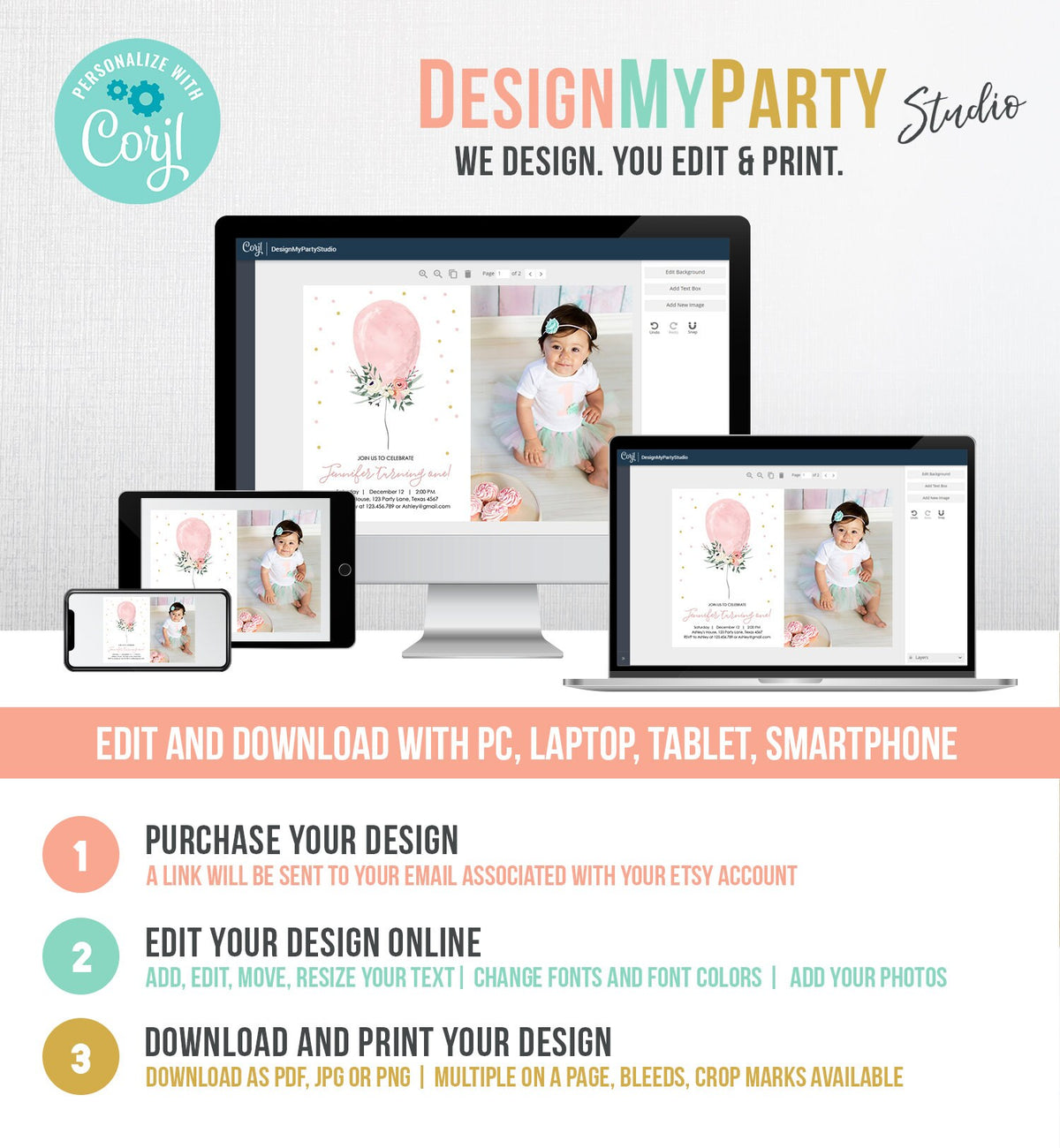 Editable First Birthday Invitation Pink Balloon Girl 1st Birthday Floral Balloon Pink Gold Confetti Download Printable Template Corjl 0221