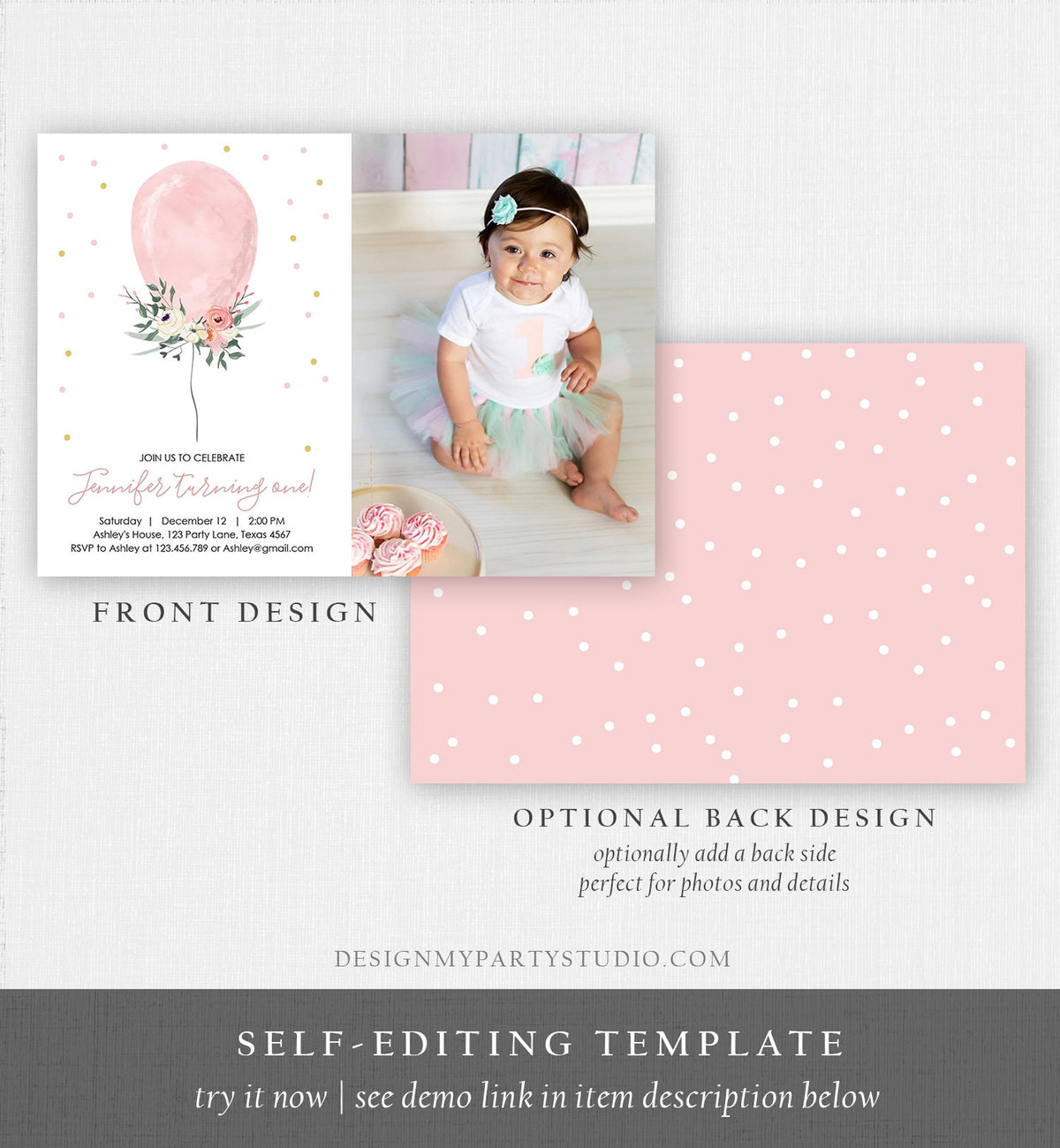Editable First Birthday Invitation Pink Balloon Girl 1st Birthday Floral Balloon Pink Gold Confetti Download Printable Template Corjl 0221
