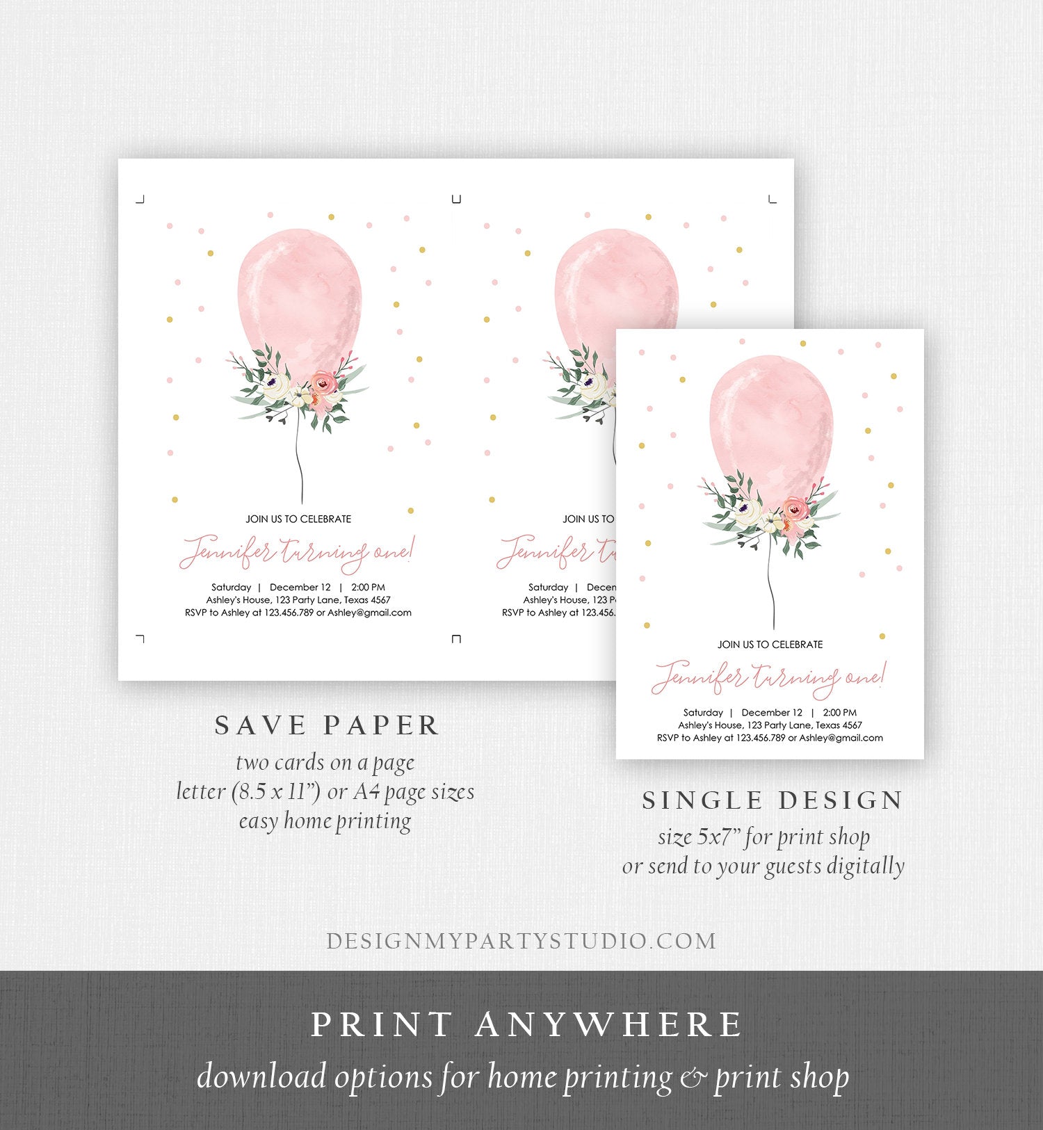 Editable First Birthday Invitation Pink Balloon Girl 1st Birthday Floral Balloon Pink Gold Confetti Download Printable Template Corjl 0221