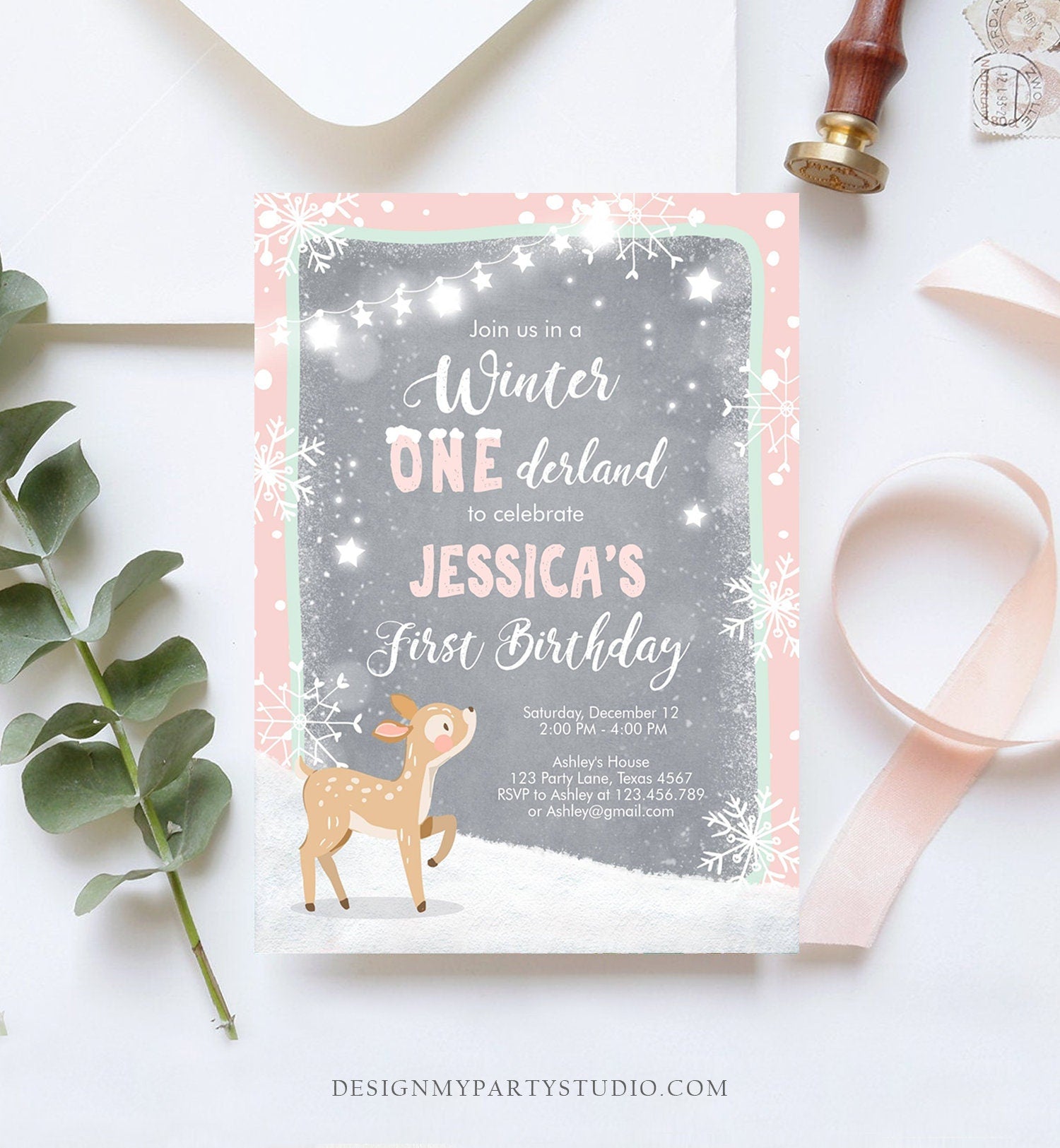 Editable Winter ONEderland Birthday Invitation First Birthday Snowflake Girl Pink Mint Grey Deer Printable Invitation Template Corjl 0109