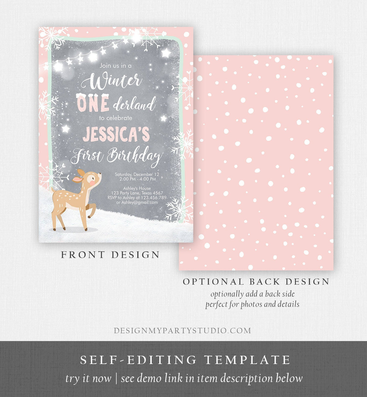 Editable Winter ONEderland Birthday Invitation First Birthday Snowflake Girl Pink Mint Grey Deer Printable Invitation Template Corjl 0109