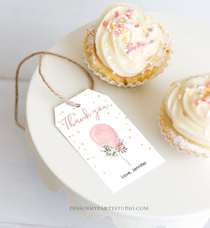 Editable Pink Balloon Favor Tags Girl Birthday Thank You Tags Labels Ready to Pop Pink Gold 1st Birthday Template PRINTABLE Corjl 0221