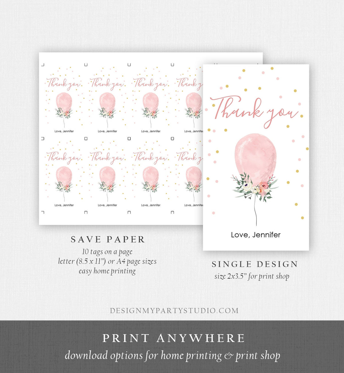 Editable Pink Balloon Favor Tags Girl Birthday Thank You Tags Labels Ready to Pop Pink Gold 1st Birthday Template PRINTABLE Corjl 0221