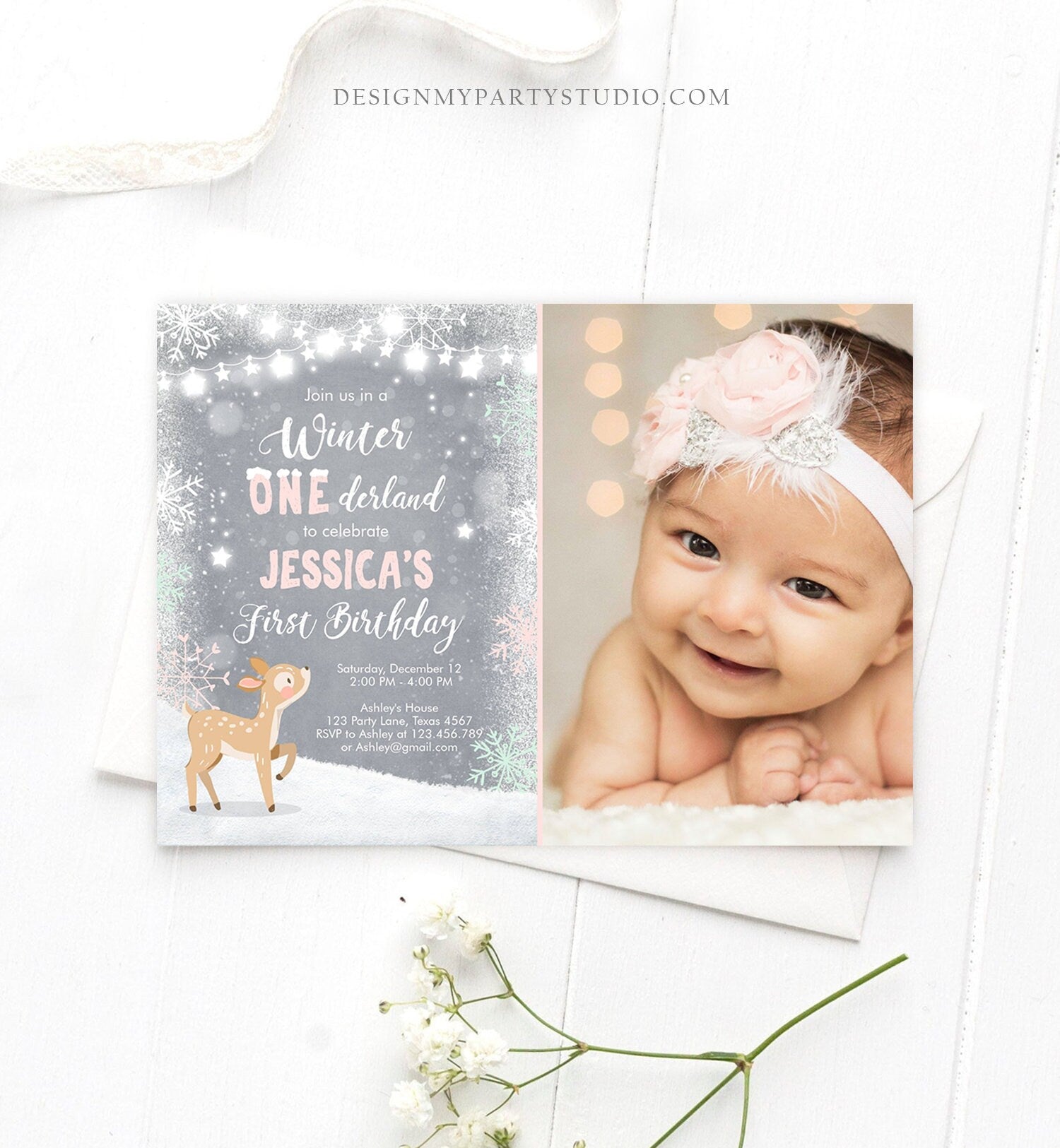Editable Winter ONEderland Birthday Invitation First Birthday Snowflake Girl Pink Mint Grey Deer Printable Invitation Template Corjl 0109