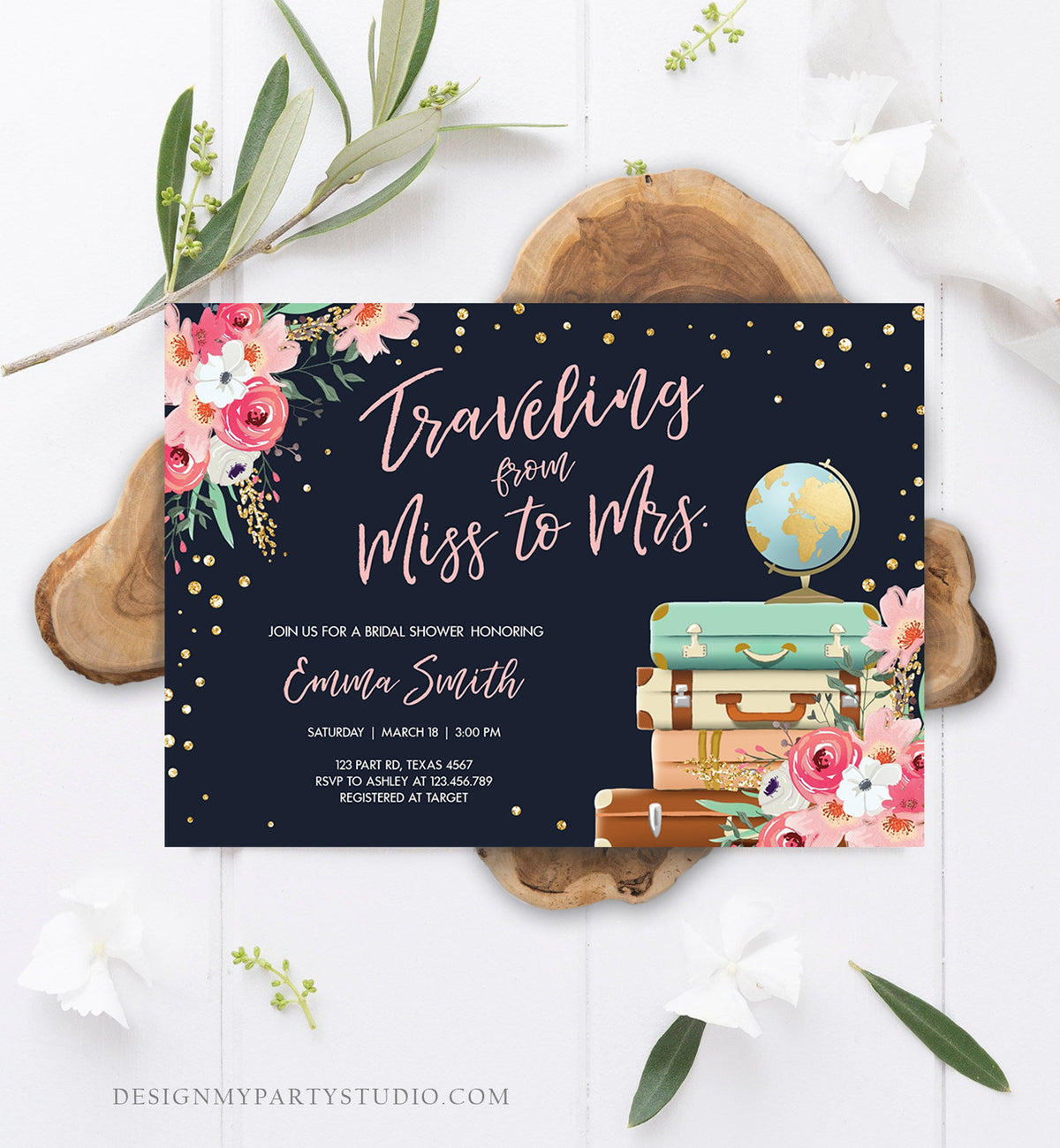 Editable Traveling from Miss to Mrs Bridal Shower Invitation Pink Floral Navy Gold Globe Suitcases Download Printable Corjl Template 0030