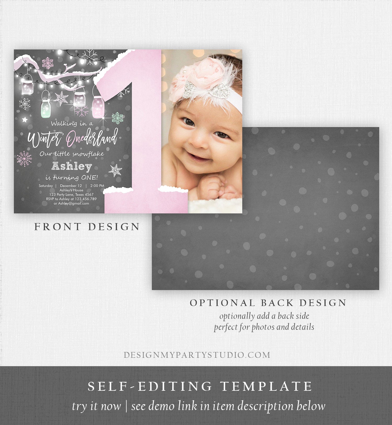 Editable Winter ONEderland Birthday Invitation First Birthday Snowflake Girl Pink Download Printable Invitation Template Corjl 0066