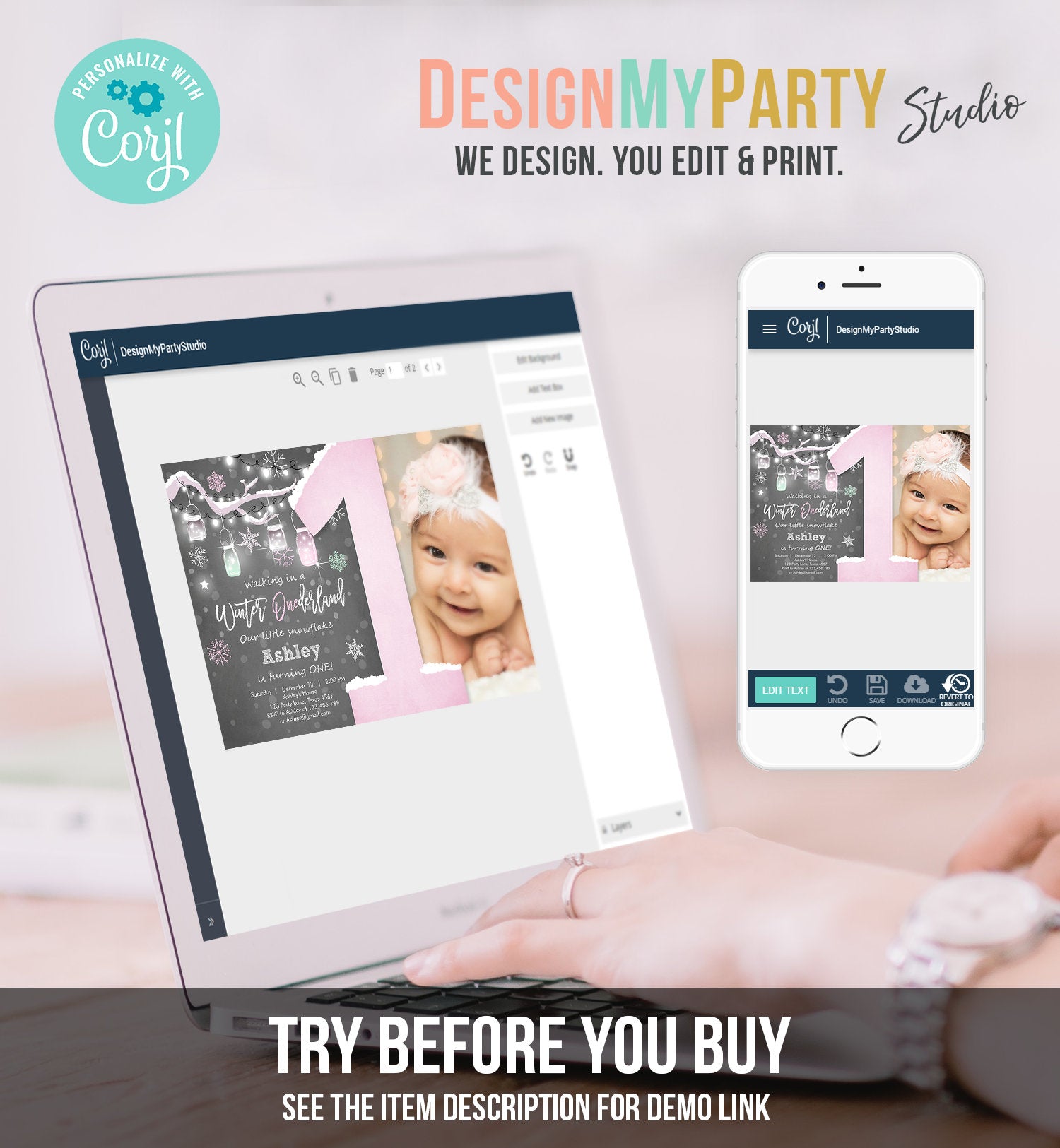 Editable Winter ONEderland Birthday Invitation First Birthday Snowflake Girl Pink Download Printable Invitation Template Corjl 0066