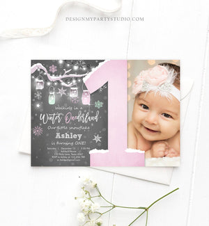 Editable Winter ONEderland Birthday Invitation First Birthday Snowflake Girl Pink Download Printable Invitation Template Corjl 0066