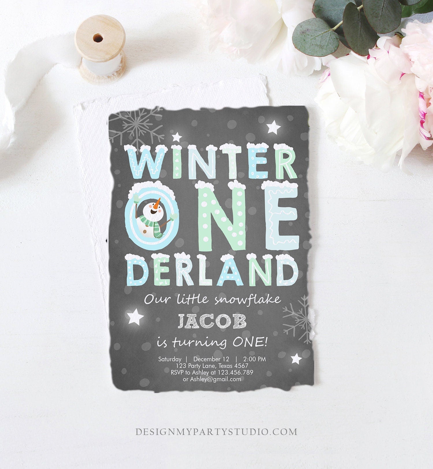 Editable Winter ONEderland Birthday Invitation First Birthday Snowman Boy Blue Download Printable Invitation Template Digital Corjl 0075