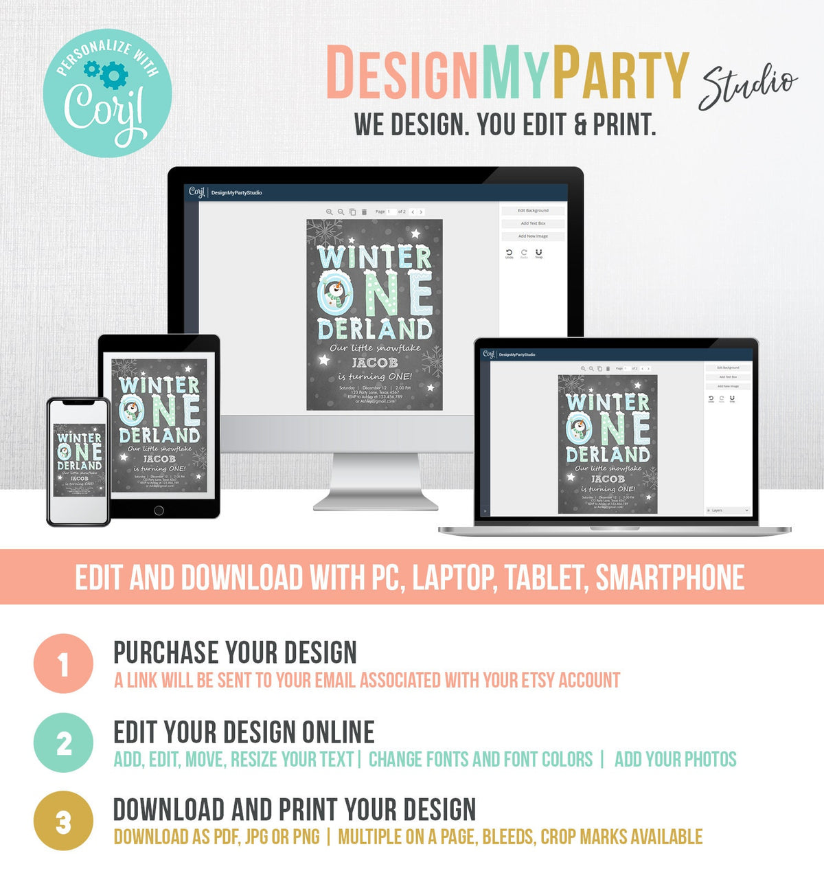 Editable Winter ONEderland Birthday Invitation First Birthday Snowman Boy Blue Download Printable Invitation Template Digital Corjl 0075