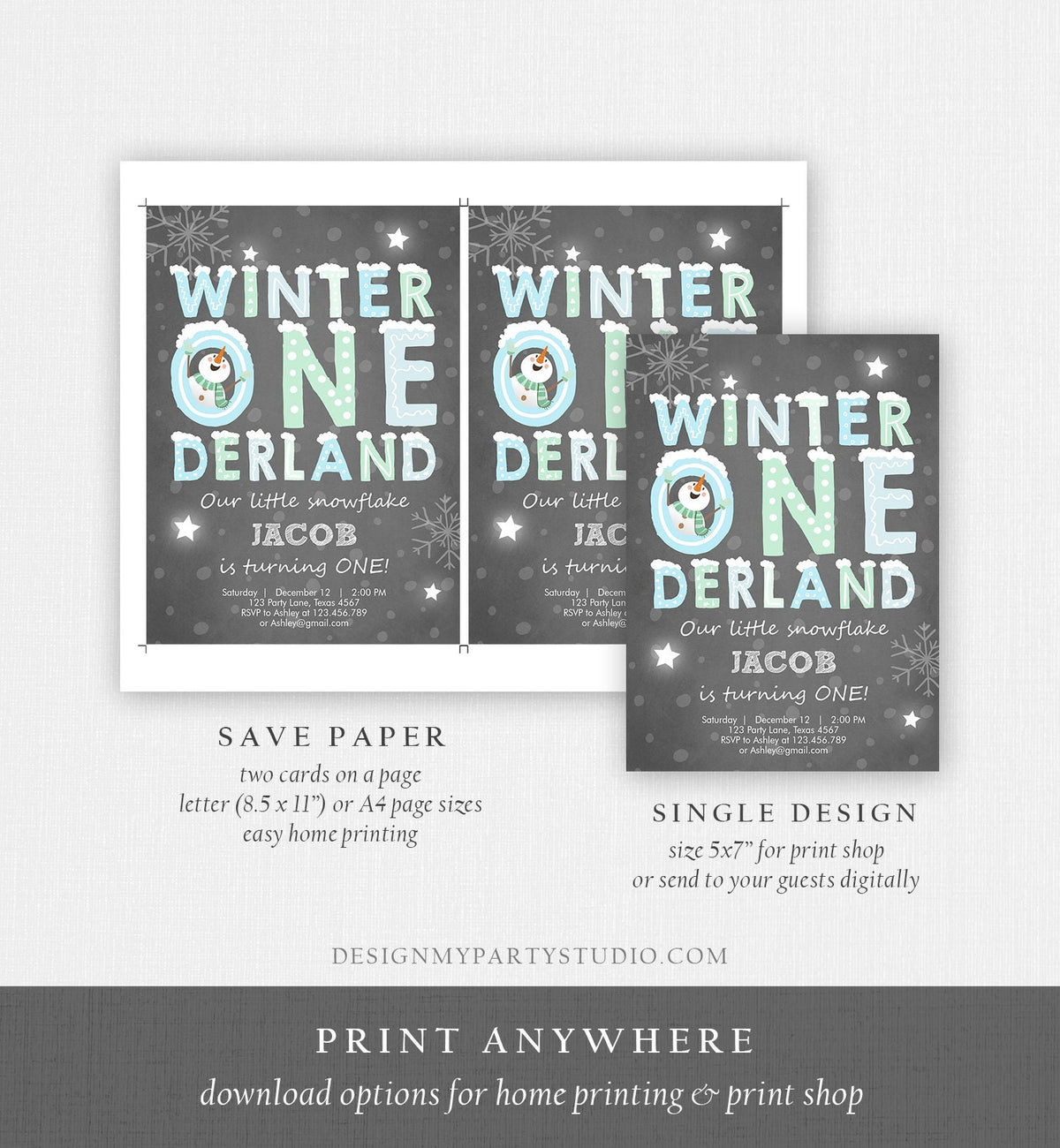 Editable Winter ONEderland Birthday Invitation First Birthday Snowman Boy Blue Download Printable Invitation Template Digital Corjl 0075