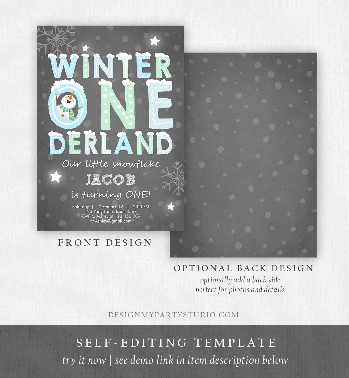 Editable Winter ONEderland Birthday Invitation First Birthday Snowman Boy Blue Download Printable Invitation Template Digital Corjl 0075