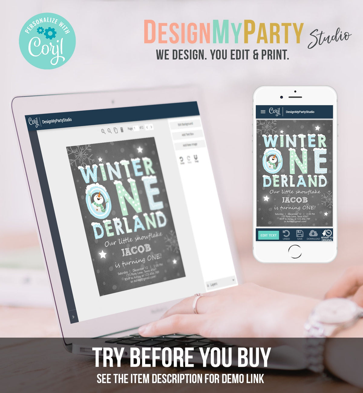 Editable Winter ONEderland Birthday Invitation First Birthday Snowman Boy Blue Download Printable Invitation Template Digital Corjl 0075