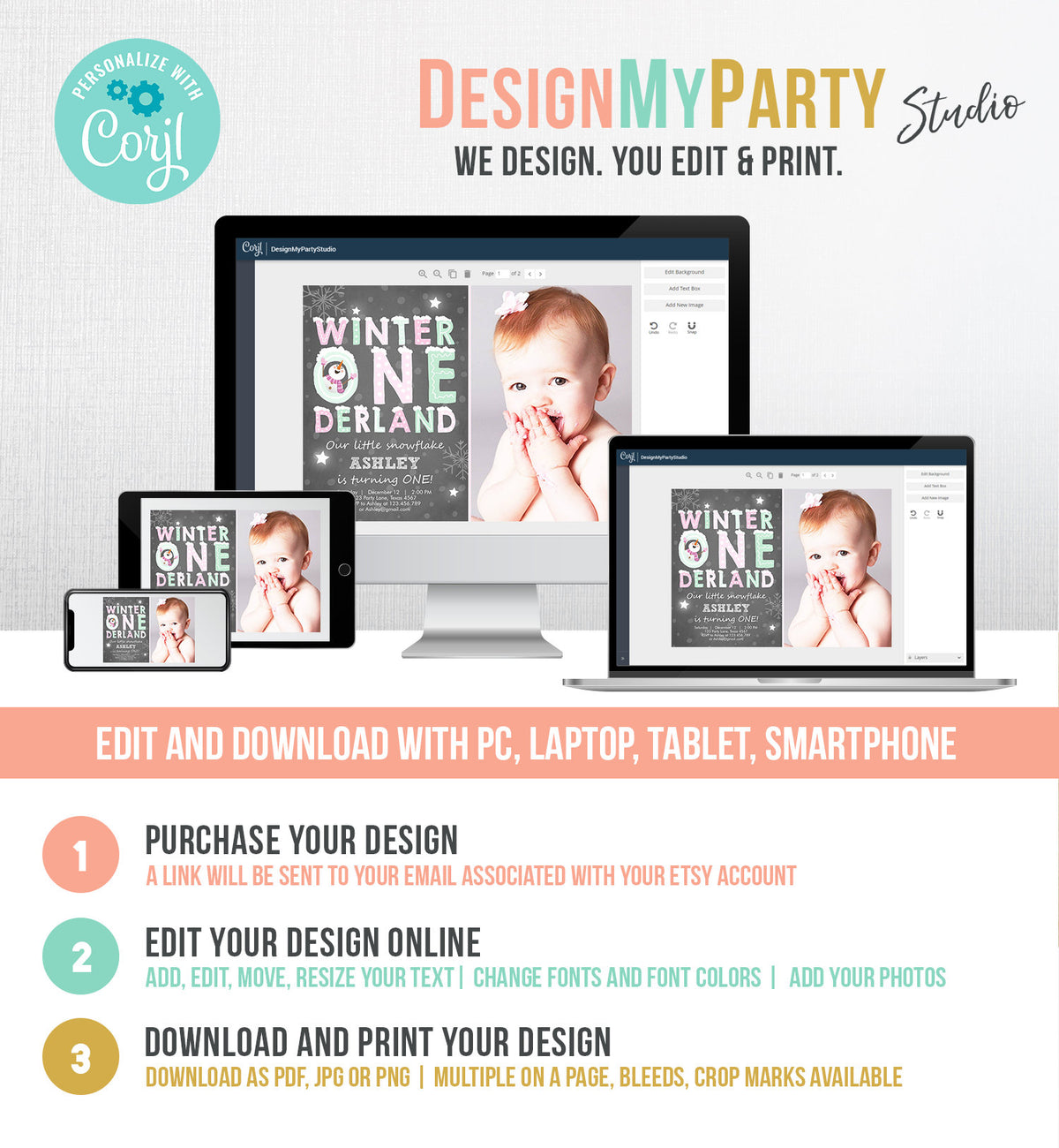 Editable Winter ONEderland Birthday Invitation First Birthday Snowman Girl Pink Mint Download Printable Invitation Template Corjl 0075