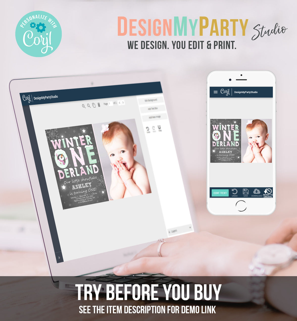 Editable Winter ONEderland Birthday Invitation First Birthday Snowman Girl Pink Mint Download Printable Invitation Template Corjl 0075