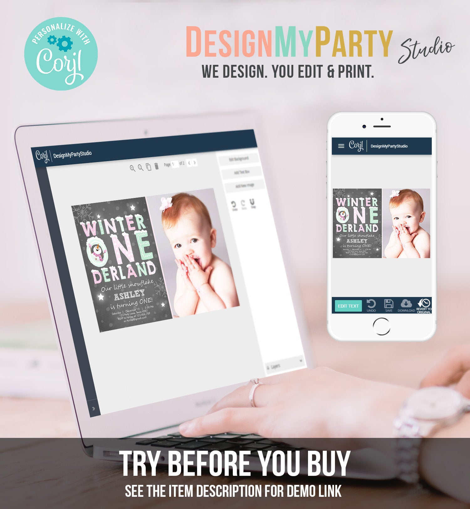 Editable Winter ONEderland Birthday Invitation First Birthday Snowman Girl Pink Mint Download Printable Invitation Template Corjl 0075