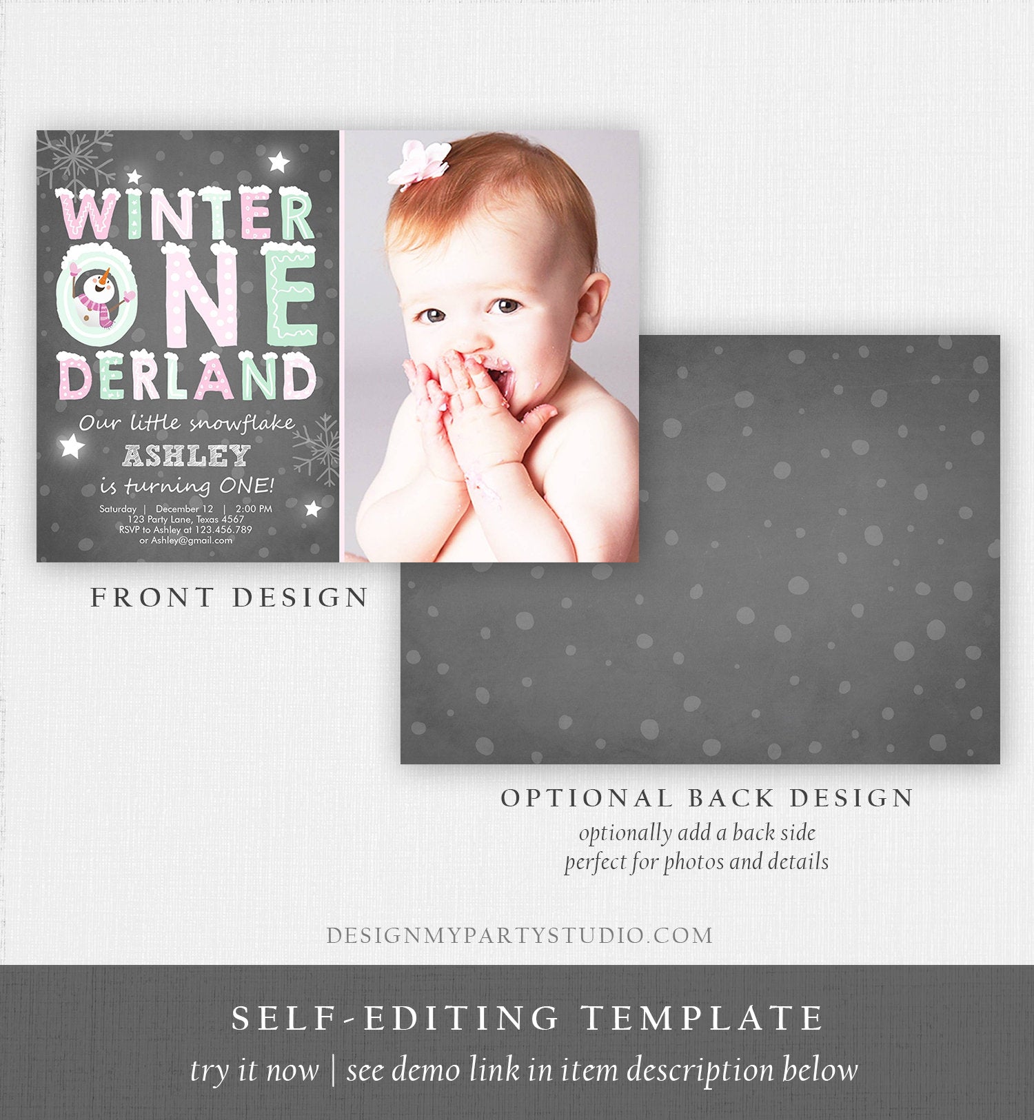 Editable Winter ONEderland Birthday Invitation First Birthday Snowman Girl Pink Mint Download Printable Invitation Template Corjl 0075