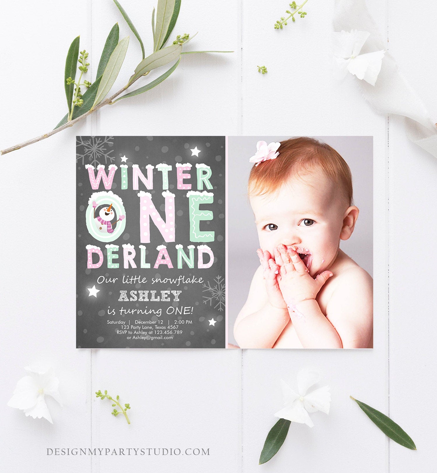 Editable Winter ONEderland Birthday Invitation First Birthday Snowman Girl Pink Mint Download Printable Invitation Template Corjl 0075