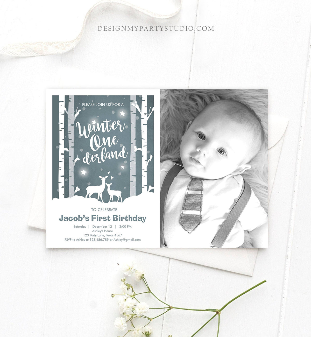 Editable Winter ONEderland Birthday Invitation Boy First Birthday Deer Trees Snowflakes Download Printable Invitation Template Corjl 0264