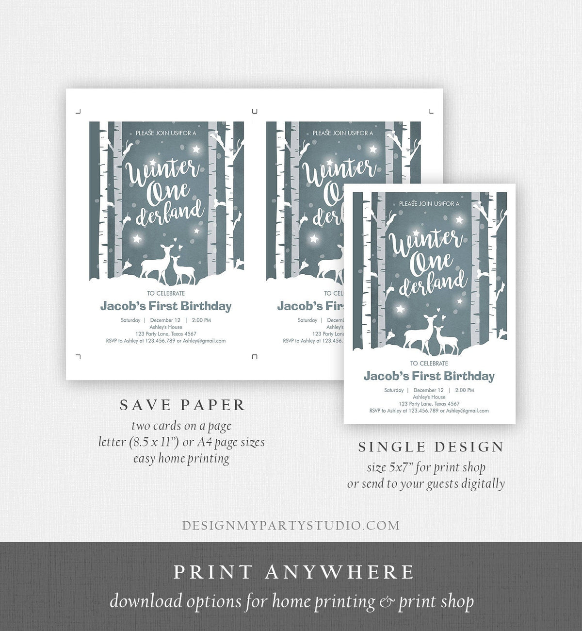 Editable Winter ONEderland Birthday Invitation Boy First Birthday Deer Trees Snowflakes Download Printable Invitation Template Corjl 0264