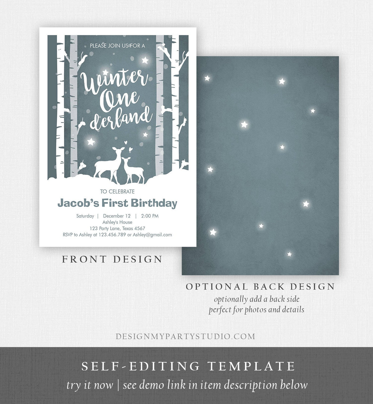 Editable Winter ONEderland Birthday Invitation Boy First Birthday Deer Trees Snowflakes Download Printable Invitation Template Corjl 0264