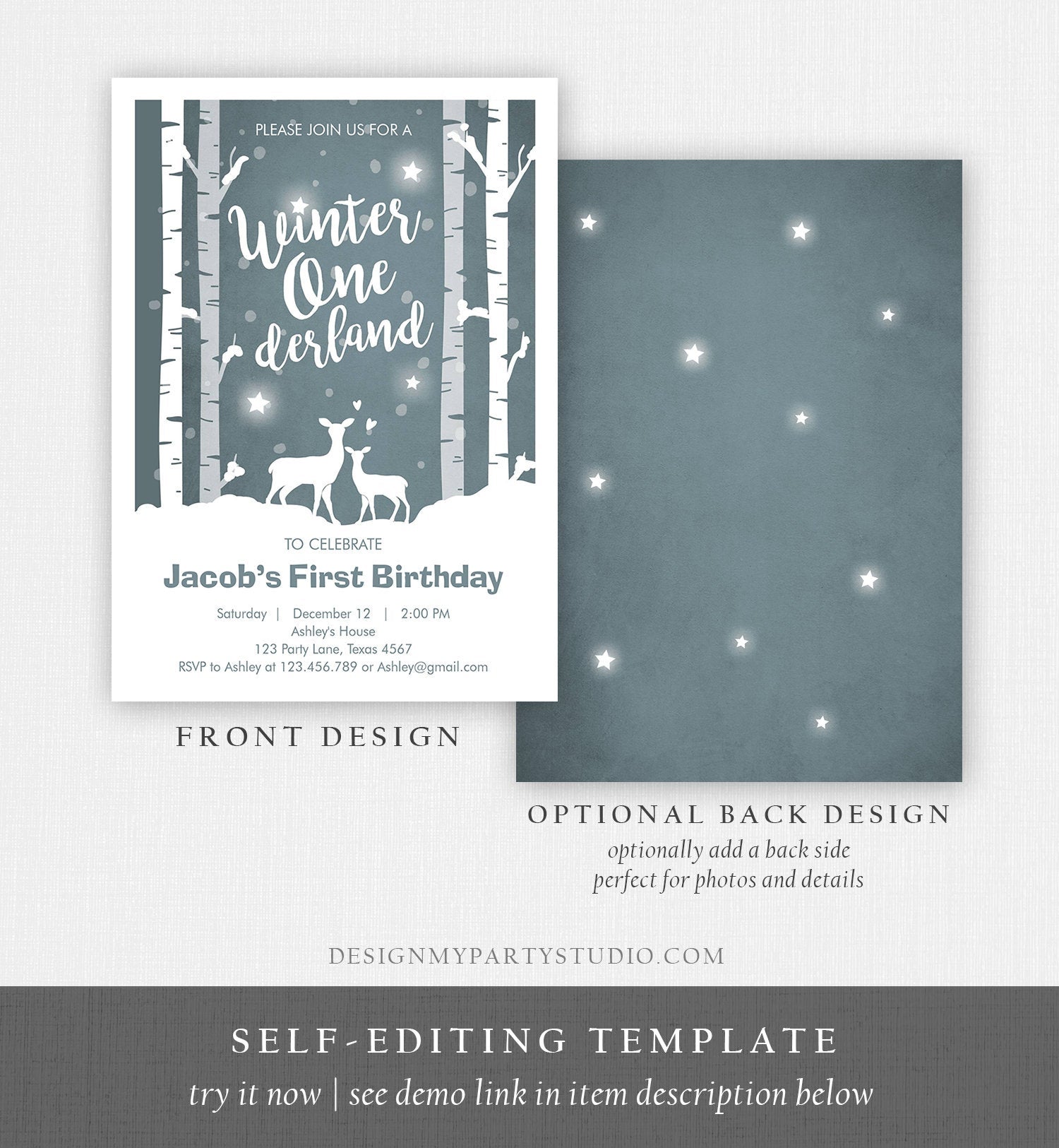 Editable Winter ONEderland Birthday Invitation Boy First Birthday Deer Trees Snowflakes Download Printable Invitation Template Corjl 0264