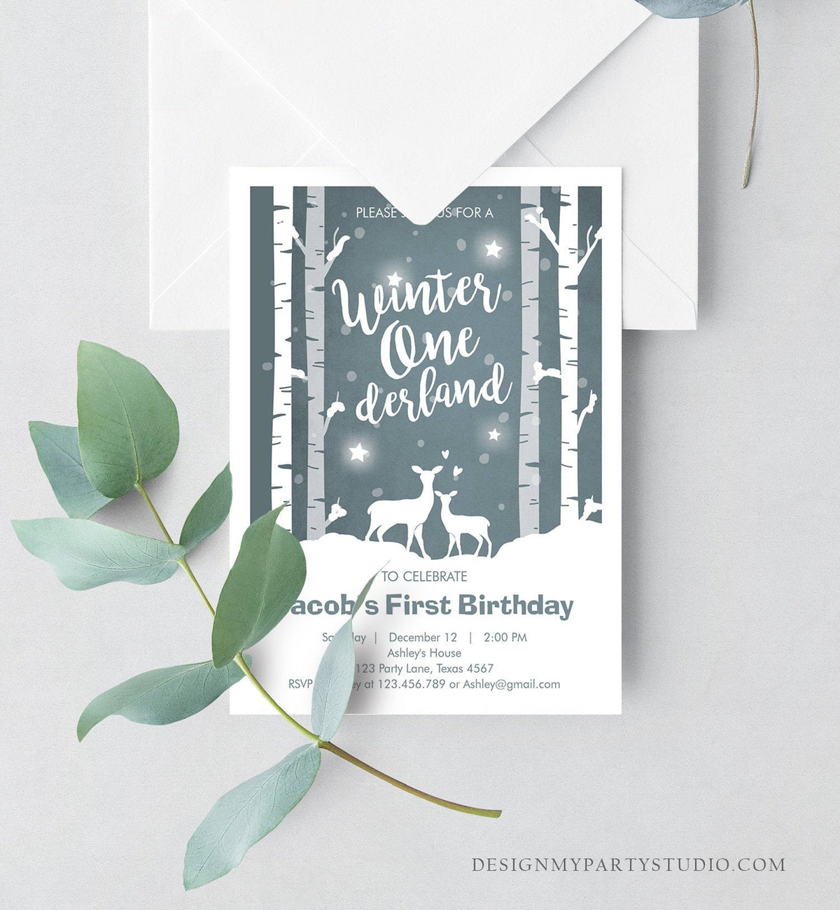 Editable Winter ONEderland Birthday Invitation Boy First Birthday Deer Trees Snowflakes Download Printable Invitation Template Corjl 0264