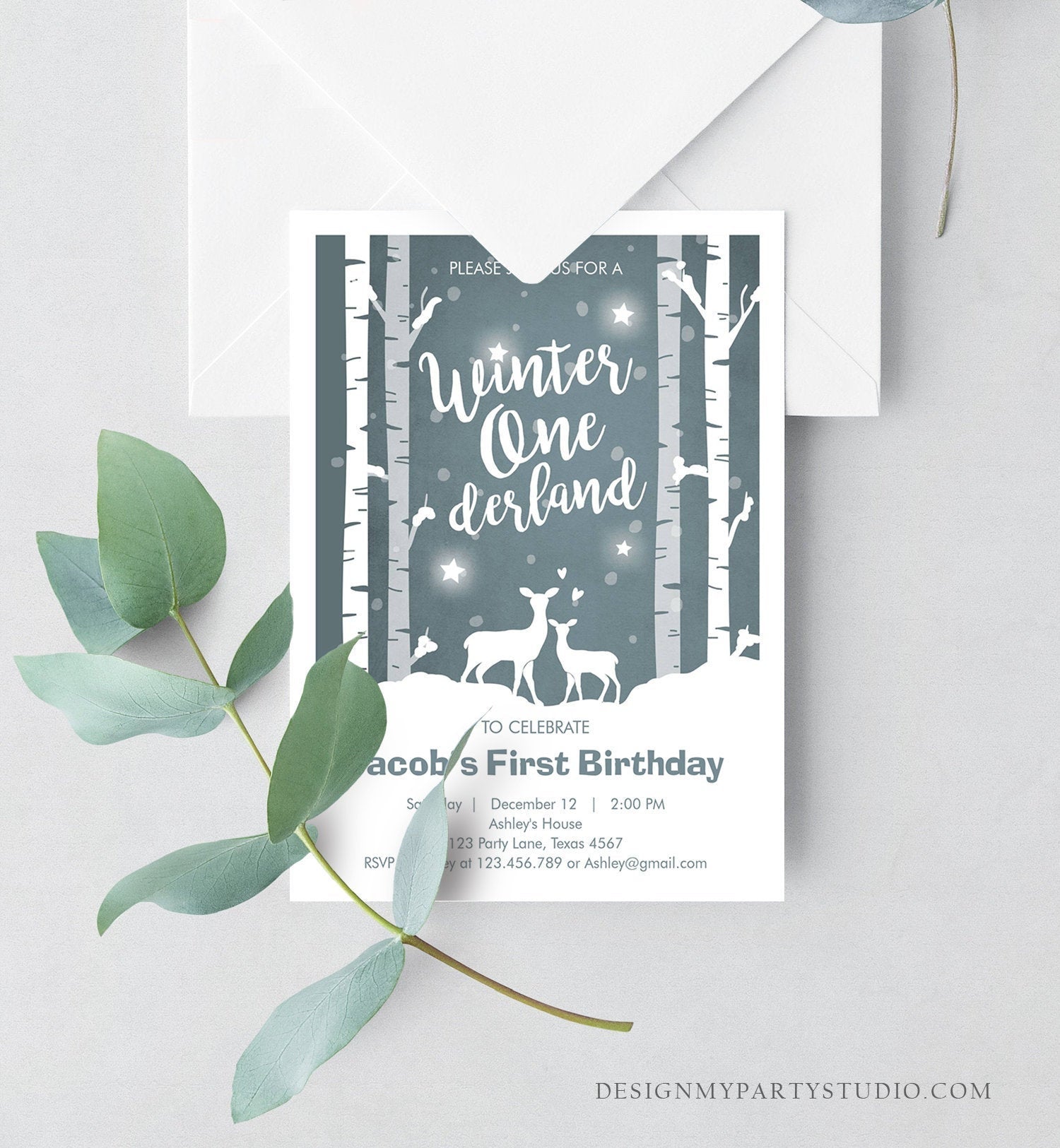 Editable Winter ONEderland Birthday Invitation Boy First Birthday Deer Trees Snowflakes Download Printable Invitation Template Corjl 0264