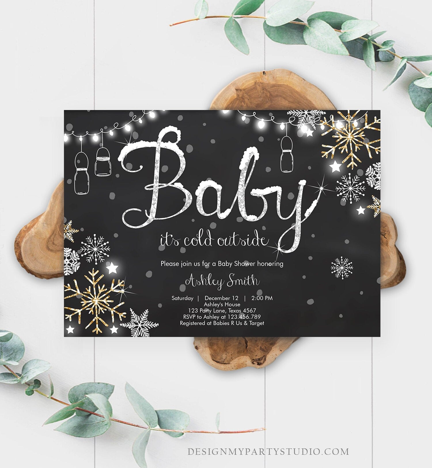 Editable Winter Baby Shower Invitation Baby Its Cold Outside Gender Neutral Silver Gold Glitter Snow Template Instant Download Corjl 0032