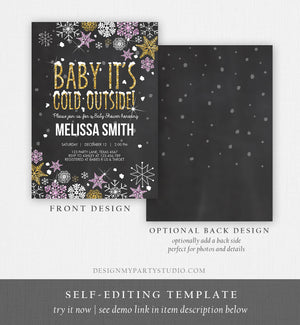 Editable Winter Baby Shower Invitation Girl Baby Its Cold Outside Pink Gold Glitter Winter Snow Template Instant Download Digital Corjl 0033