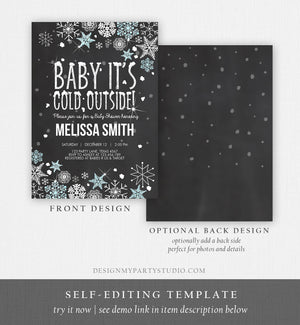 Editable Winter Baby Shower Invitation Baby Its Cold Outside Blue Silver Glitter Boy Winter Snow Template Download Digital Corjl 0033
