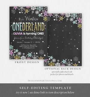 Editable Winter ONEderland Invitation Girl First Birthday Snowflake Pink Mint Gold Glitter Download Printable Invitation Template Corjl 0033