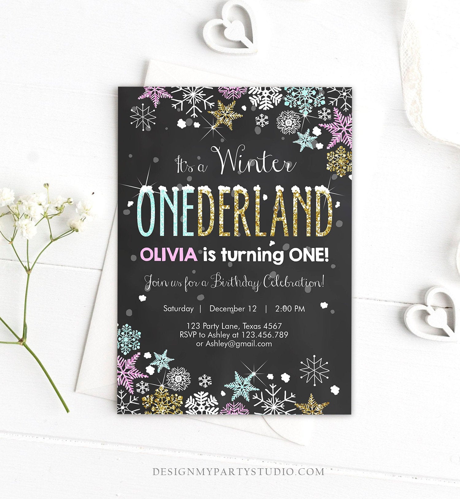 Editable Winter ONEderland Invitation Girl First Birthday Snowflake Pink Mint Gold Glitter Download Printable Invitation Template Corjl 0033