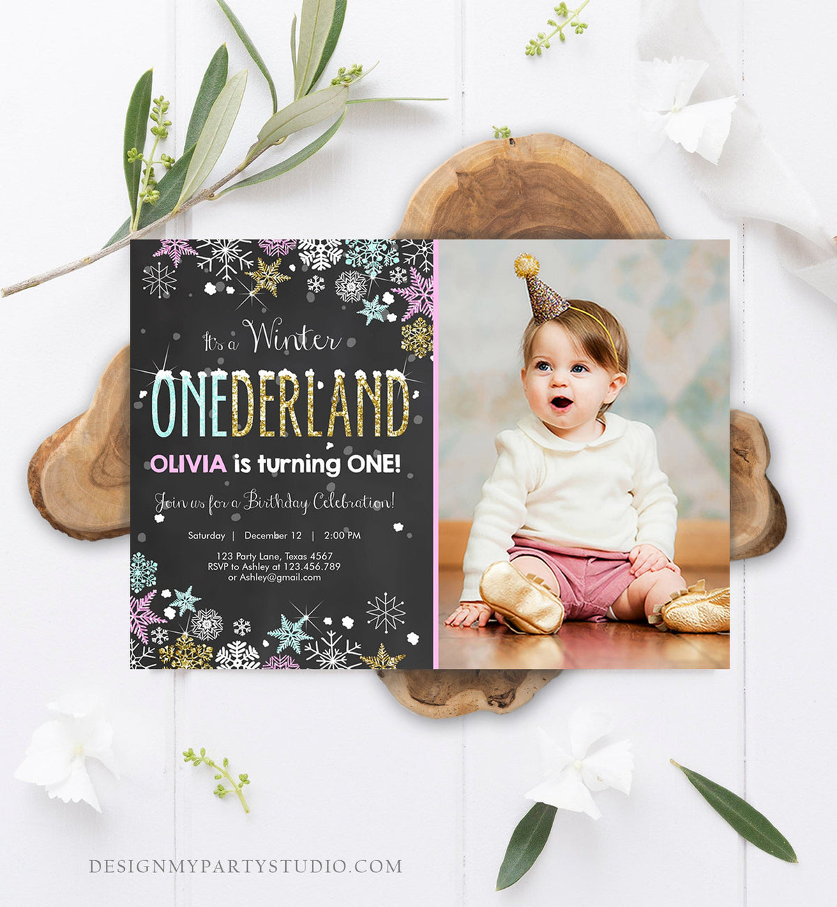Editable Winter ONEderland Invitation Girl First Birthday Snowflake Pink Mint Gold Glitter Download Printable Invitation Template Corjl 0033
