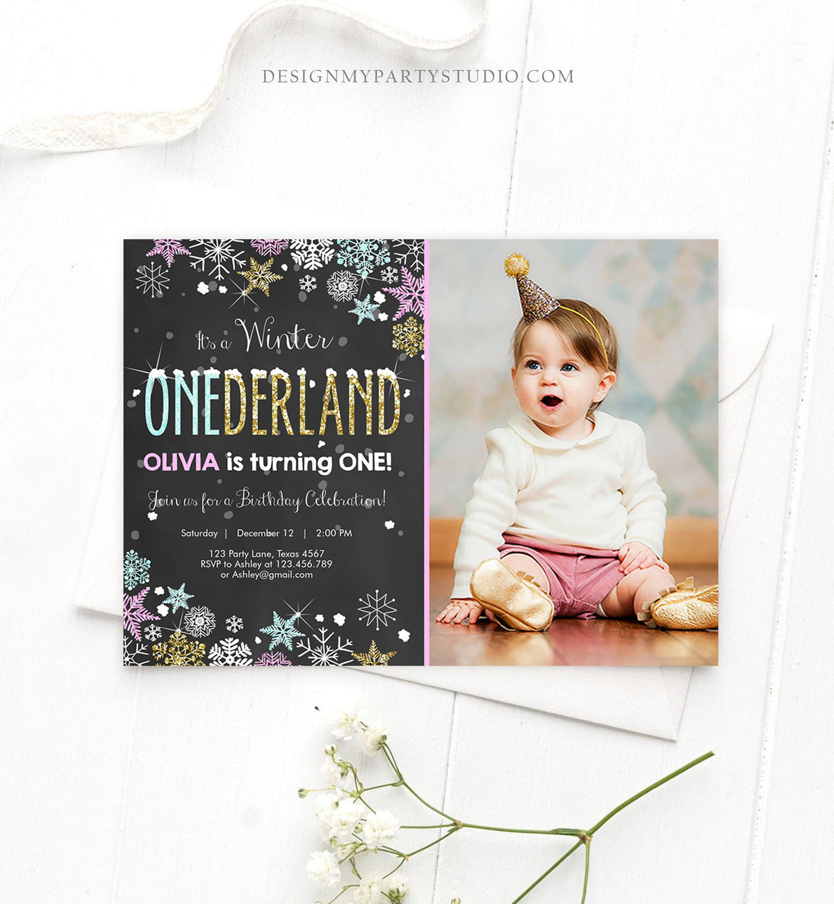Editable Winter ONEderland Invitation Girl First Birthday Snowflake Pink Mint Gold Glitter Download Printable Invitation Template Corjl 0033