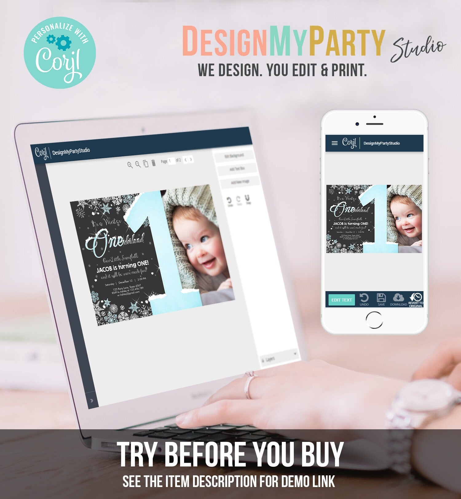 Editable Winter ONEderland Birthday Invitation First Birthday Snowflake Boy Blue Silver Download Printable Invite Template Corjl 0033