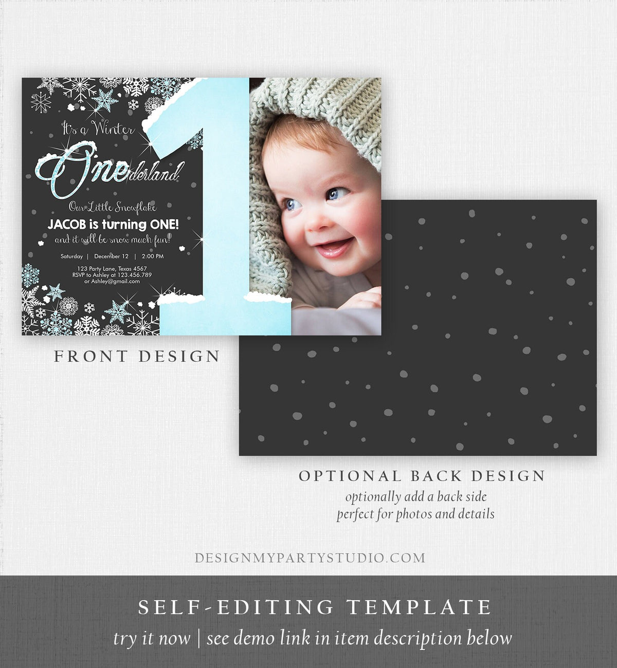 Editable Winter ONEderland Birthday Invitation First Birthday Snowflake Boy Blue Silver Download Printable Invite Template Corjl 0033