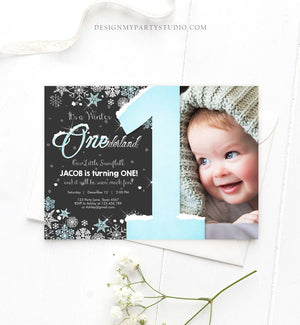 Editable Winter ONEderland Birthday Invitation First Birthday Snowflake Boy Blue Silver Download Printable Invite Template Corjl 0033