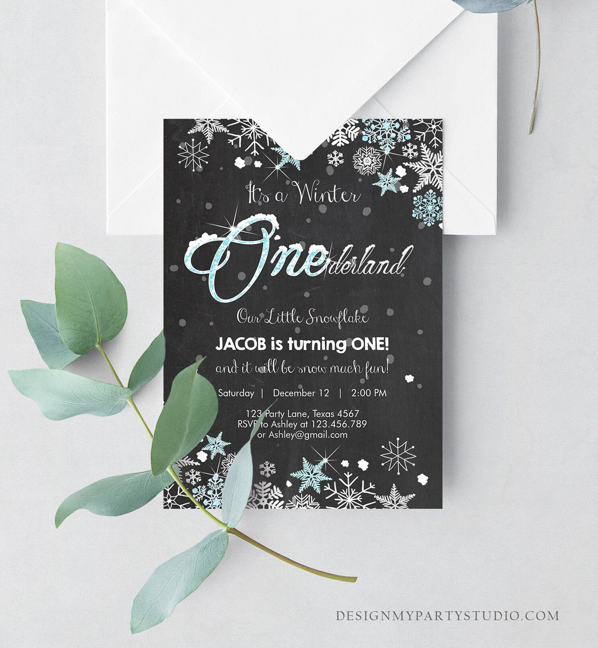 Editable Winter ONEderland Birthday Invitation First Birthday Snowflake Boy Blue Silver Download Printable Invite Template Corjl 0033