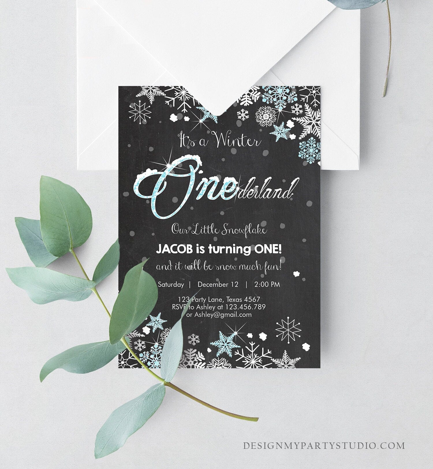 Editable Winter ONEderland Birthday Invitation First Birthday Snowflake Boy Blue Silver Download Printable Invite Template Corjl 0033