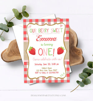 Editable Strawberry Birthday Invitation First Birthday Berry Sweet Girl Pink Download Printable Invite ANY AGE Template Corjl Digital 0091