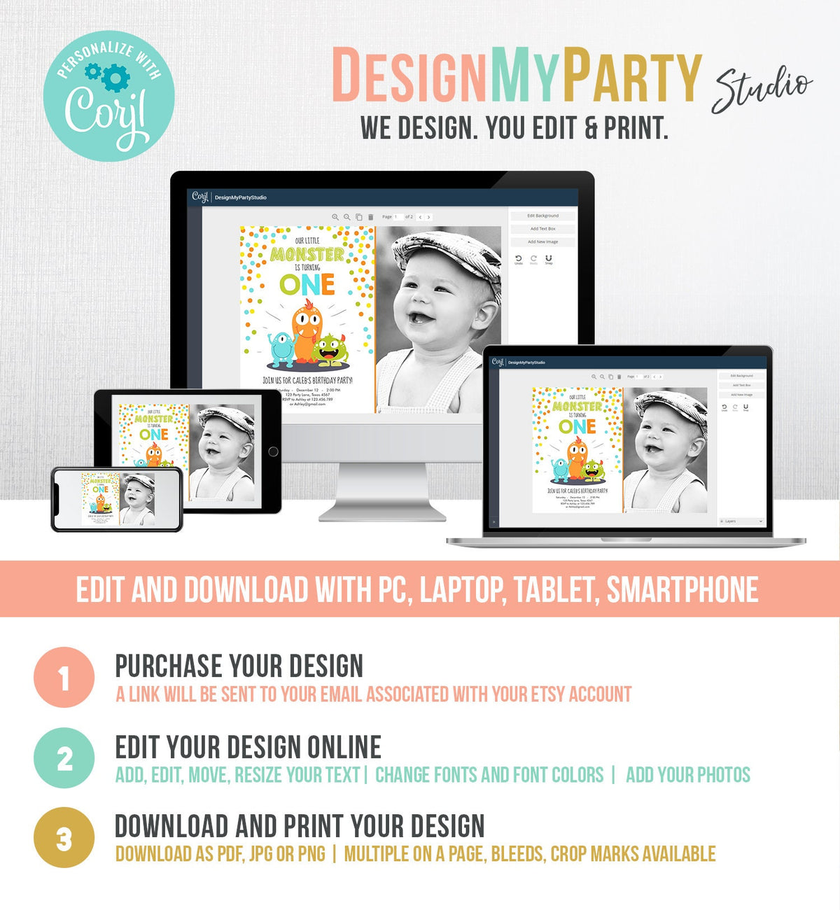 Editable Little Monster Birthday Invitation First Birthday Party Monsters Boy Confetti 1st Orange Blue Photo Printable Corjl Template 0058