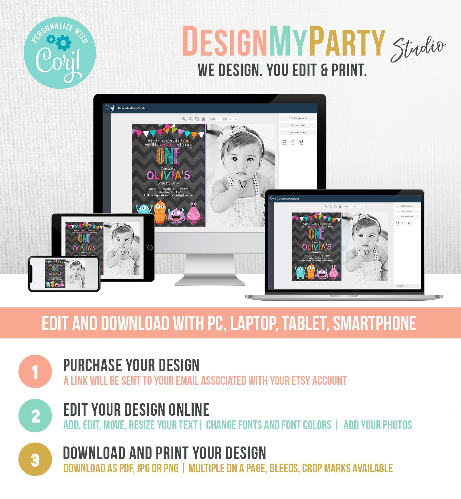 Editable Little Monster Birthday Invitation First Birthday Party Monsters Confetti 1st Girl Pink Purple Teal Printable Corjl Template 0058