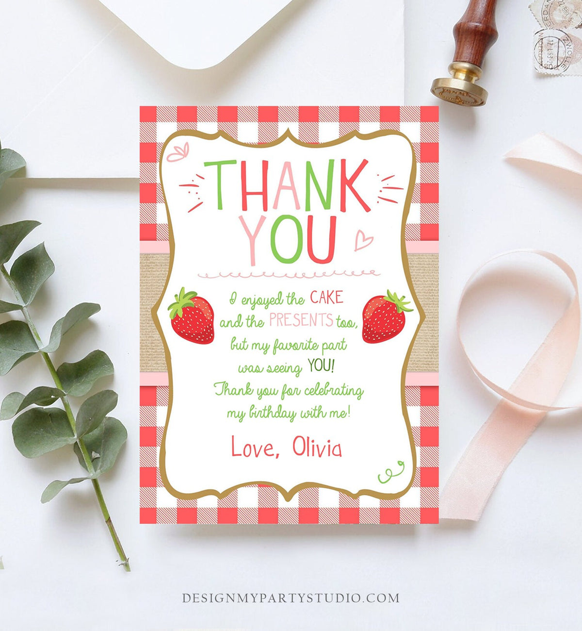 Editable Strawberry Thank You Card Birthday Strawberry First Birthday Girl Summer Fruit Berry Sweet Download Printable Template Corjl 0091