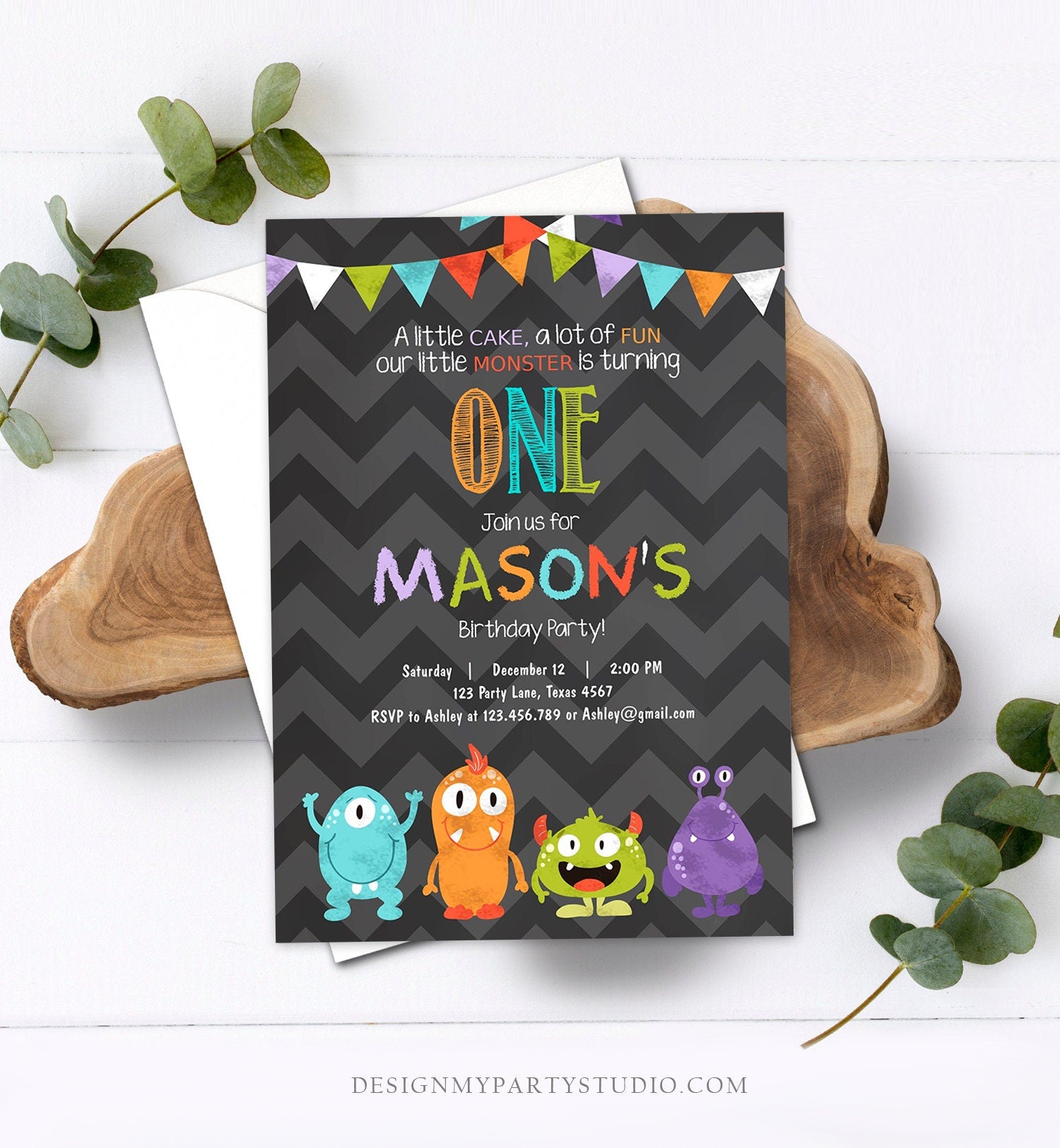 Editable Little Monster Birthday Invitation First Birthday Party Monsters Boy Confetti 1st Chalk Chevron Blue Printable Corjl Template 0058