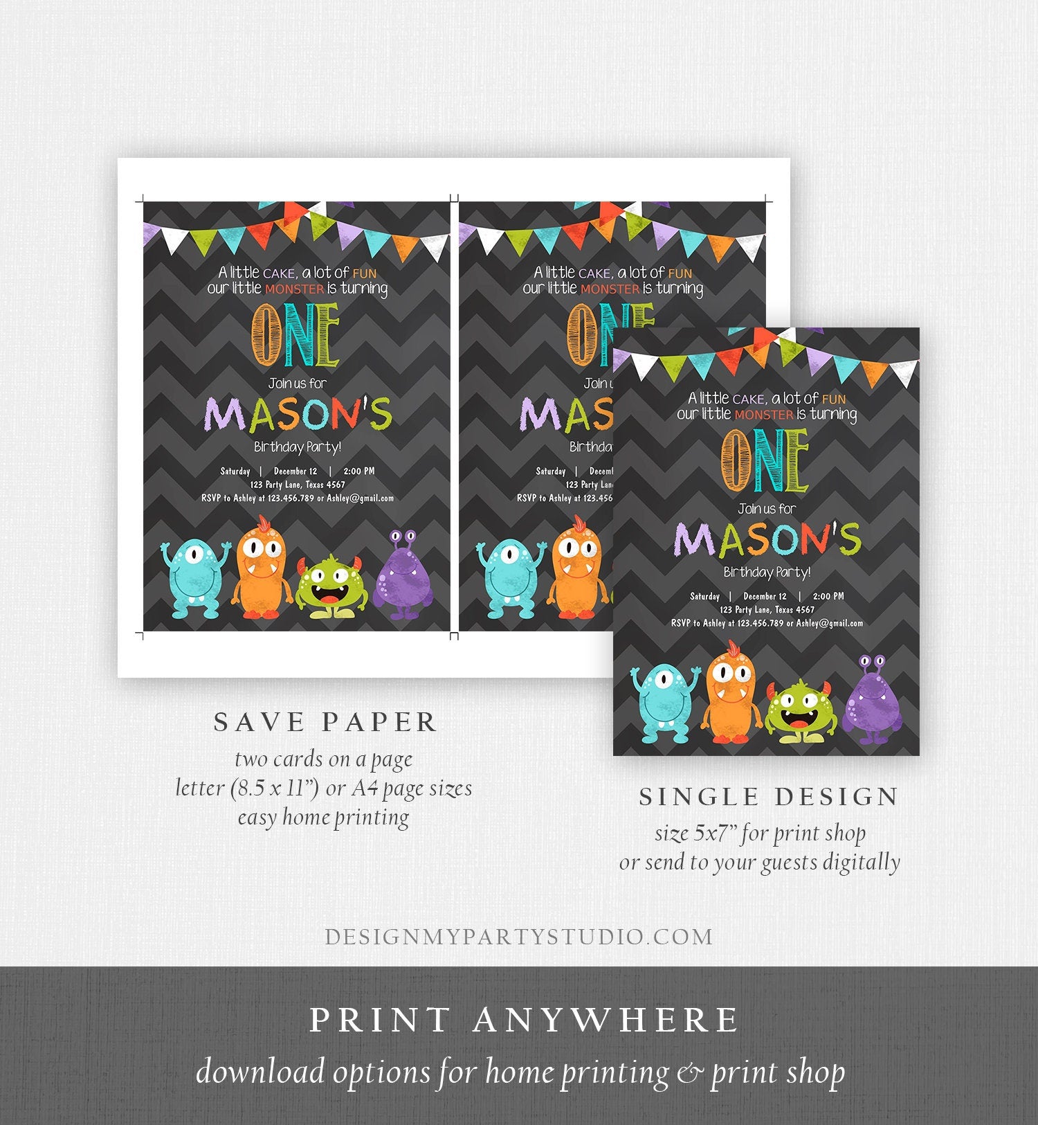 Editable Little Monster Birthday Invitation First Birthday Party Monsters Boy Confetti 1st Chalk Chevron Blue Printable Corjl Template 0058