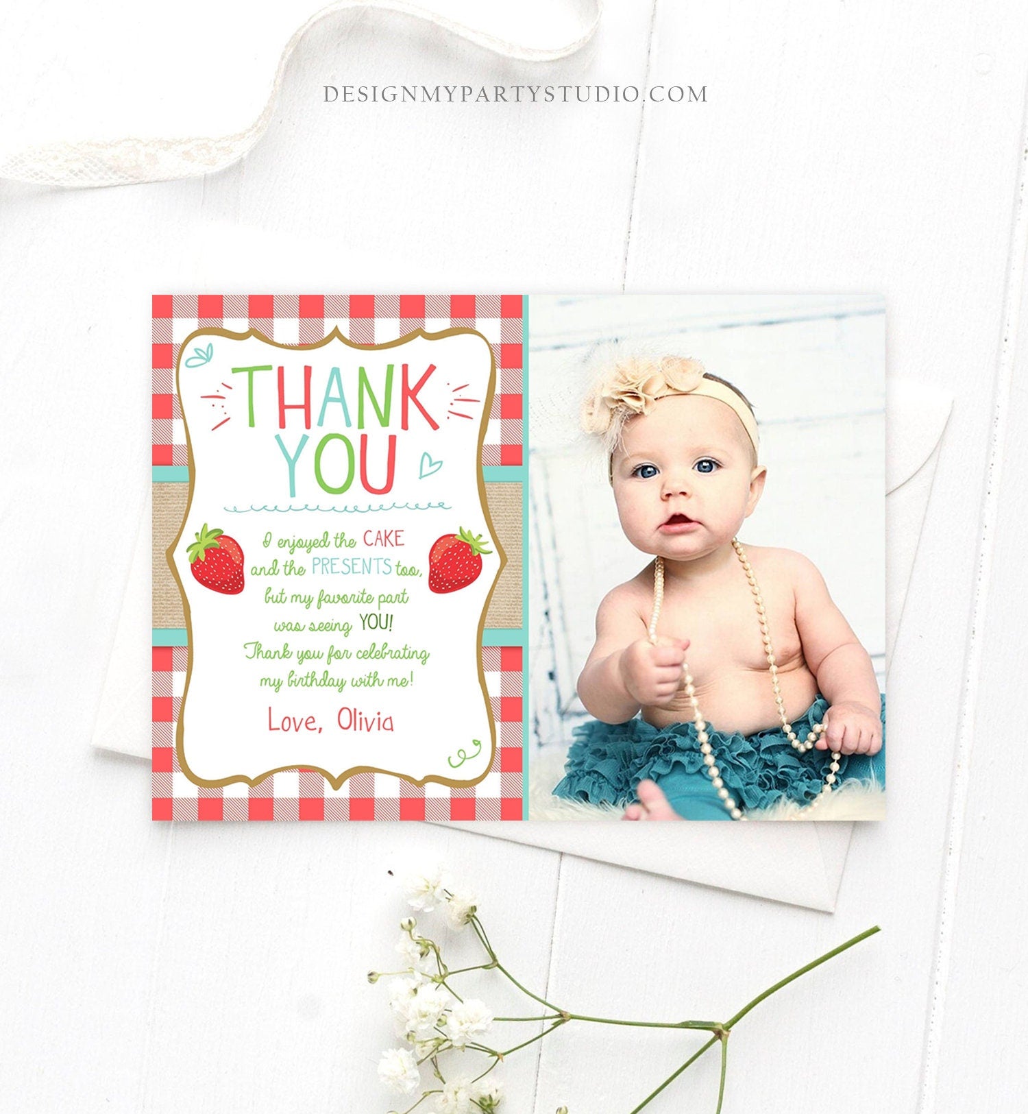 Editable Strawberry Thank You Card Birthday Strawberry First Birthday Girl Farmers Market Berry Sweet Download Printable Template Corjl 0091