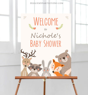 Editable Woodland Welcome Sign Woodland Baby Shower Welcome Sign Rustic Bear Fox Forest Animals Birthday Template PRINTABLE Corjl 0010