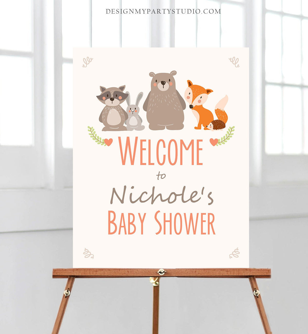 Editable Woodland Welcome Sign Woodland Baby Shower Welcome Sign Rustic Bear Fox Forest Animals Birthday Template PRINTABLE Corjl 0010