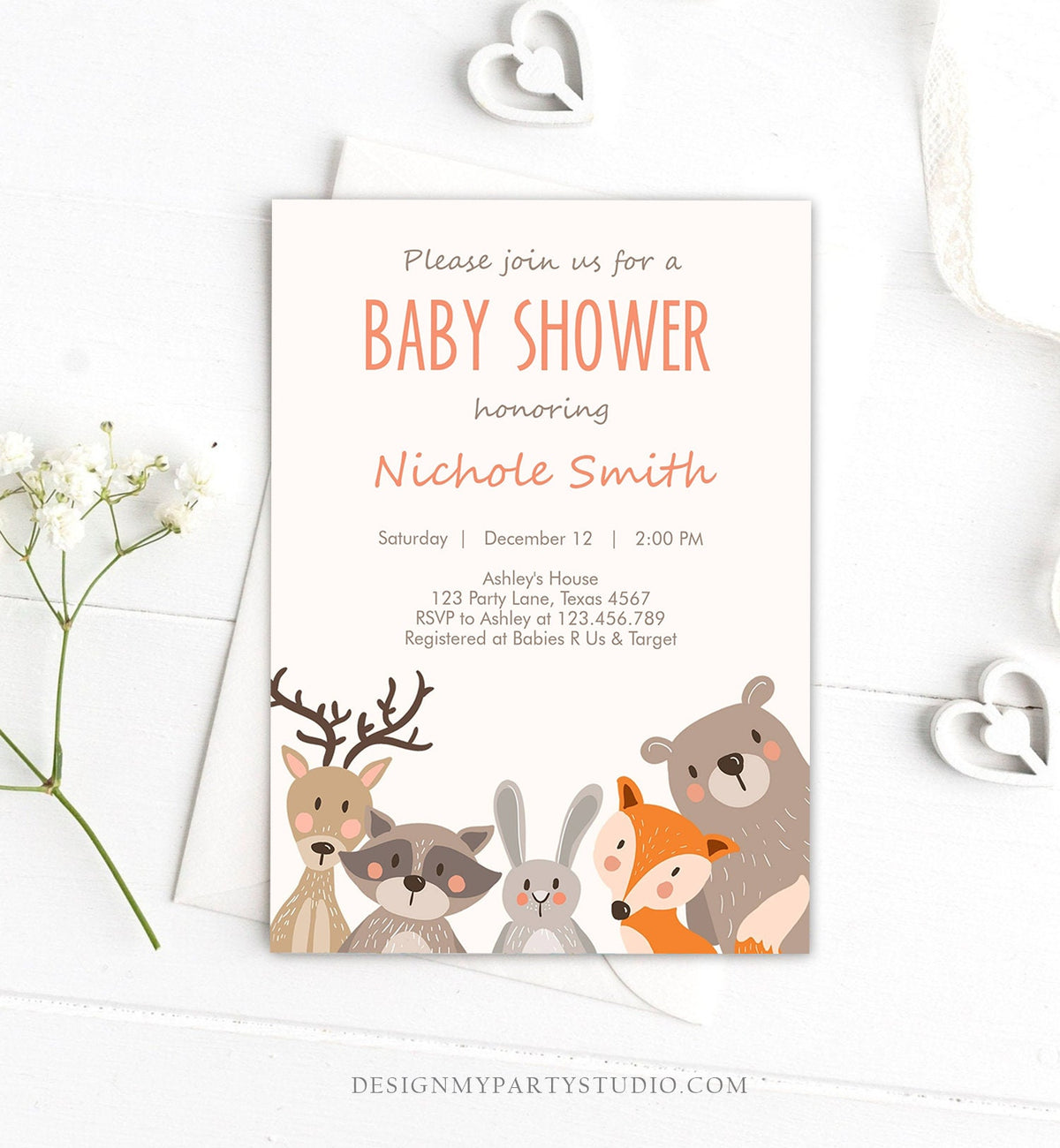 Editable Baby shower invitation Woodland Forest Animals Cute Animals Gender Neutral Bear Fox Invitation Template Download Digital Corjl 0010